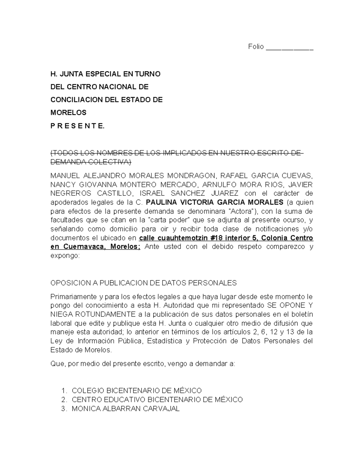 Demanda Laboral Colectiva - H. Junta Especial en Morelos - Document Preview
