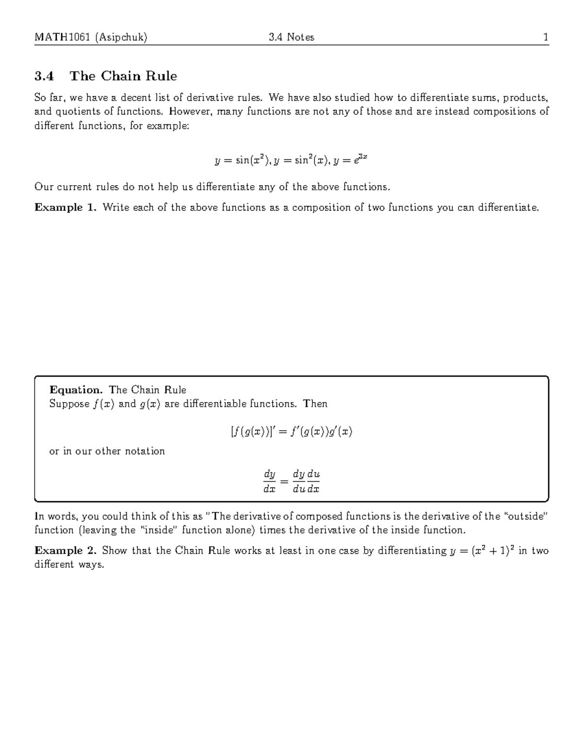 MATH1061 (Asipchuk) Lecture Notes: Understanding the Chain Rule (3.4 ...
