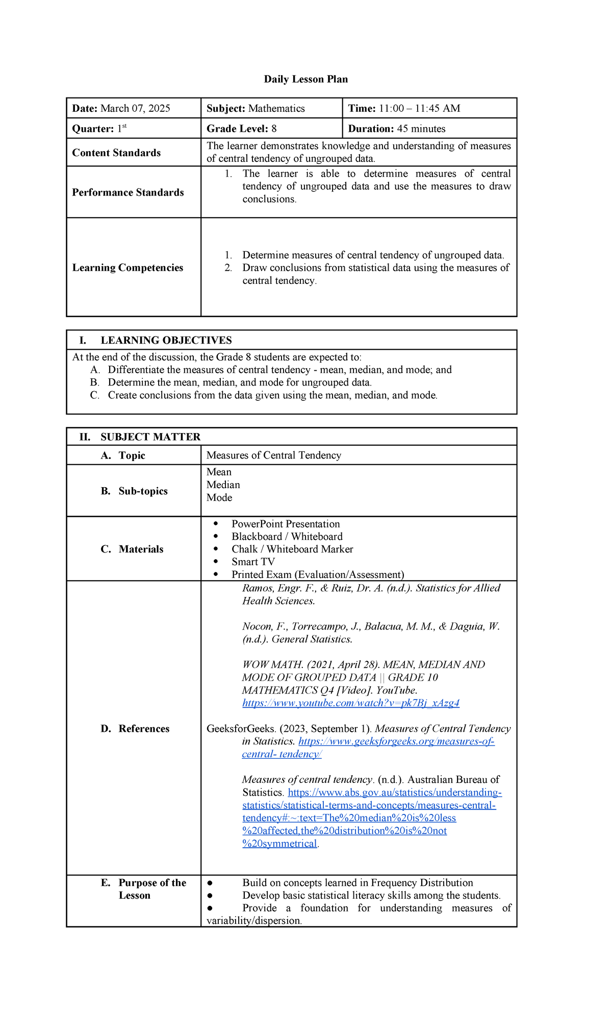 LP Grade 8: Measures of Central Tendency Lesson Plan - Studocu