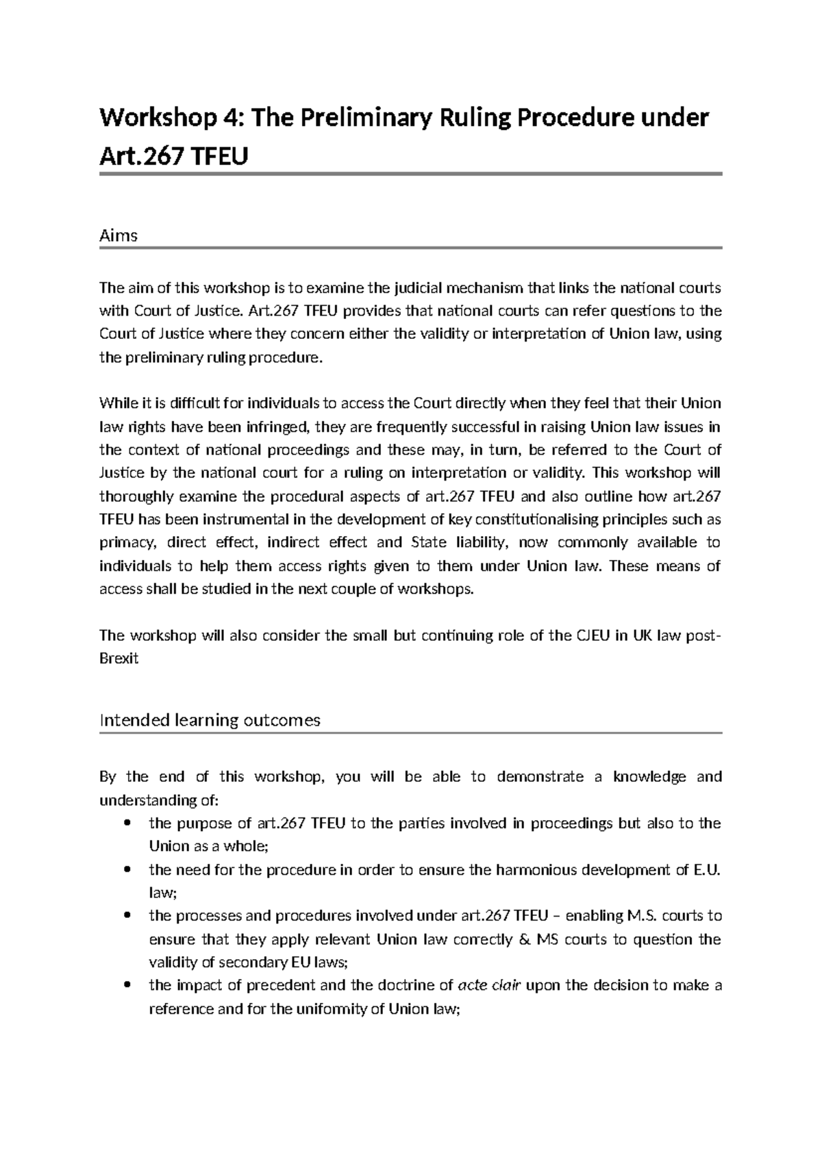Workshop 4: Exploring the Preliminary Ruling Procedure under Art. 267 ...
