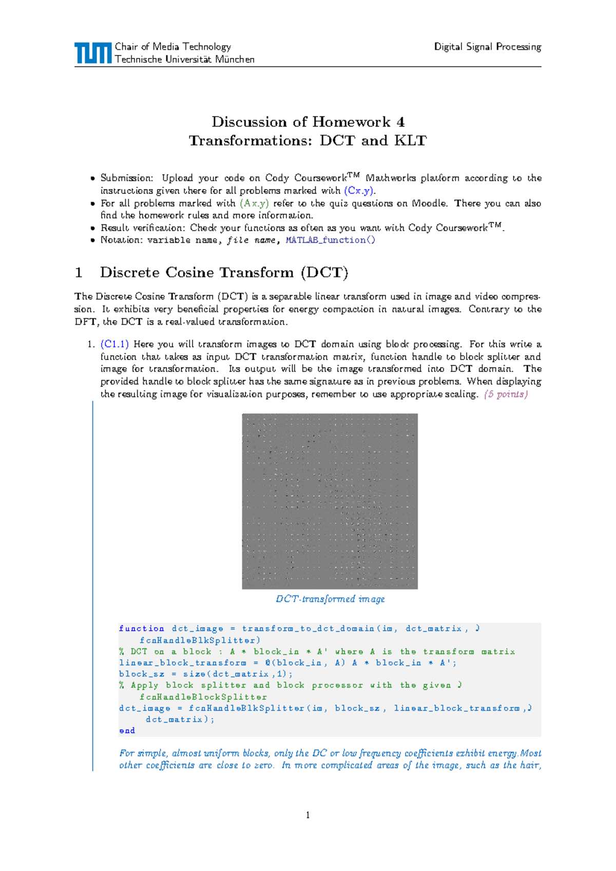 HW4: MATLAB Solutions for DCT and KLT Transformations in Media Tech ...