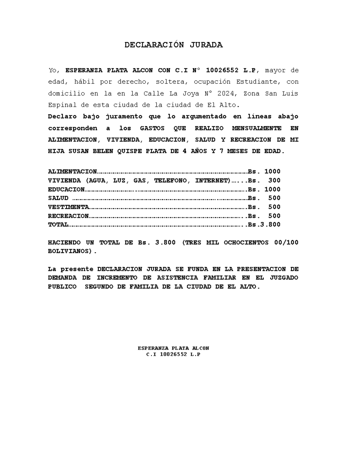 Declaración Jurada de Gastos Mensuales - Esperanza Plata - Studocu