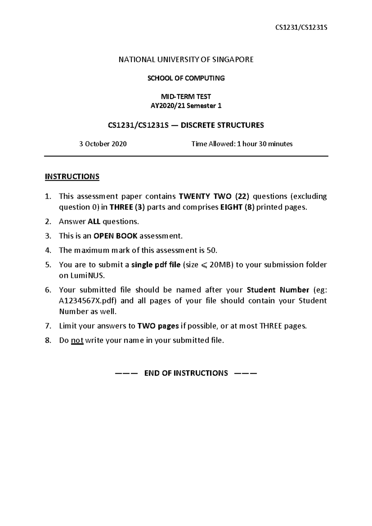 Midterm Exam Questions for DISCRETE STRUCTURES (CS101) - Semester 1 ...