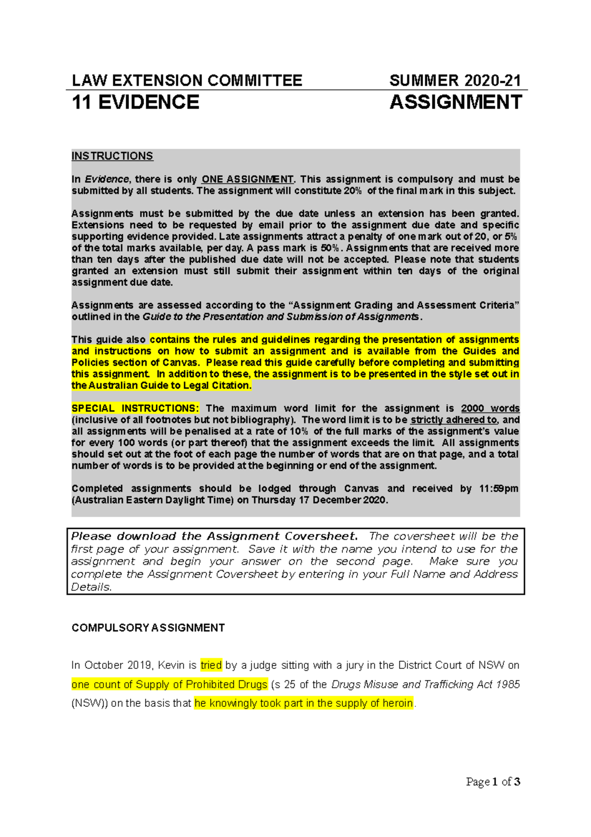 11 LAW EVIDENCE ASSIGNMENT - Summer 2020 Compulsory Instructions - Studocu