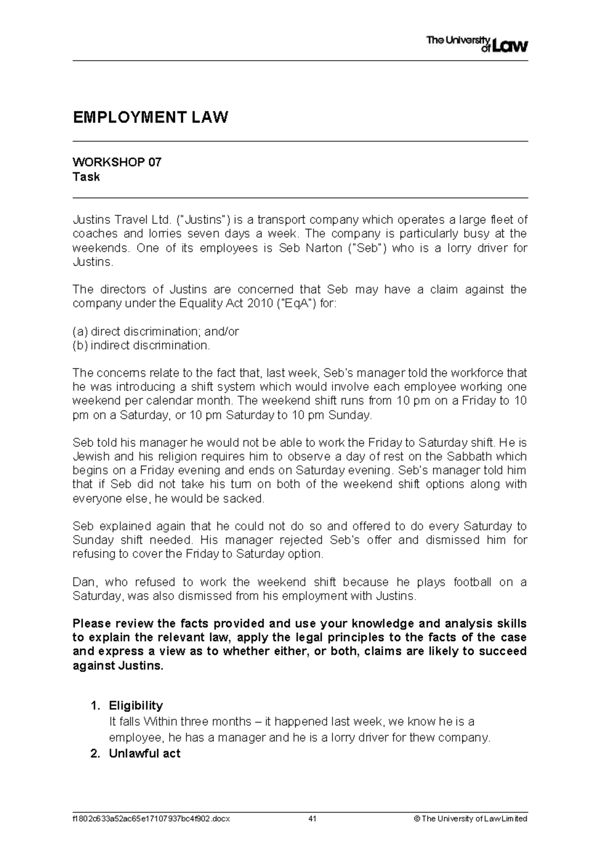 Discrimination Claim Analysis: Employment Law Workshop 07 - Studocu