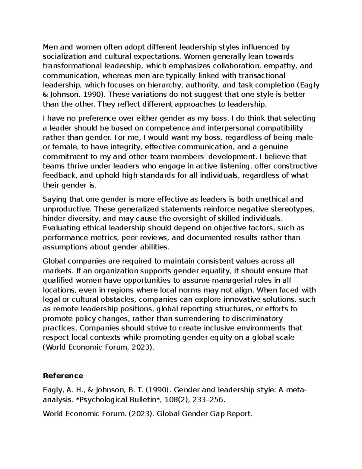 Discussion 3 E&V: Gender Influence on Leadership Styles and Equity ...