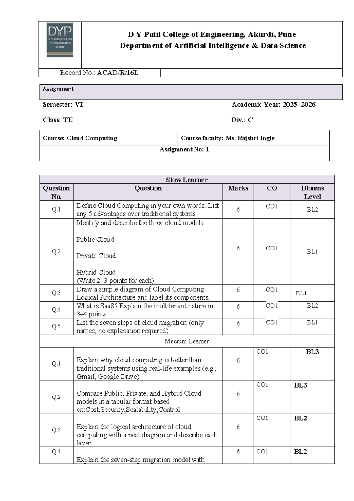 Cloud Computing Assignment 1 - TE C - Semester VI - D Y Patil College ...
