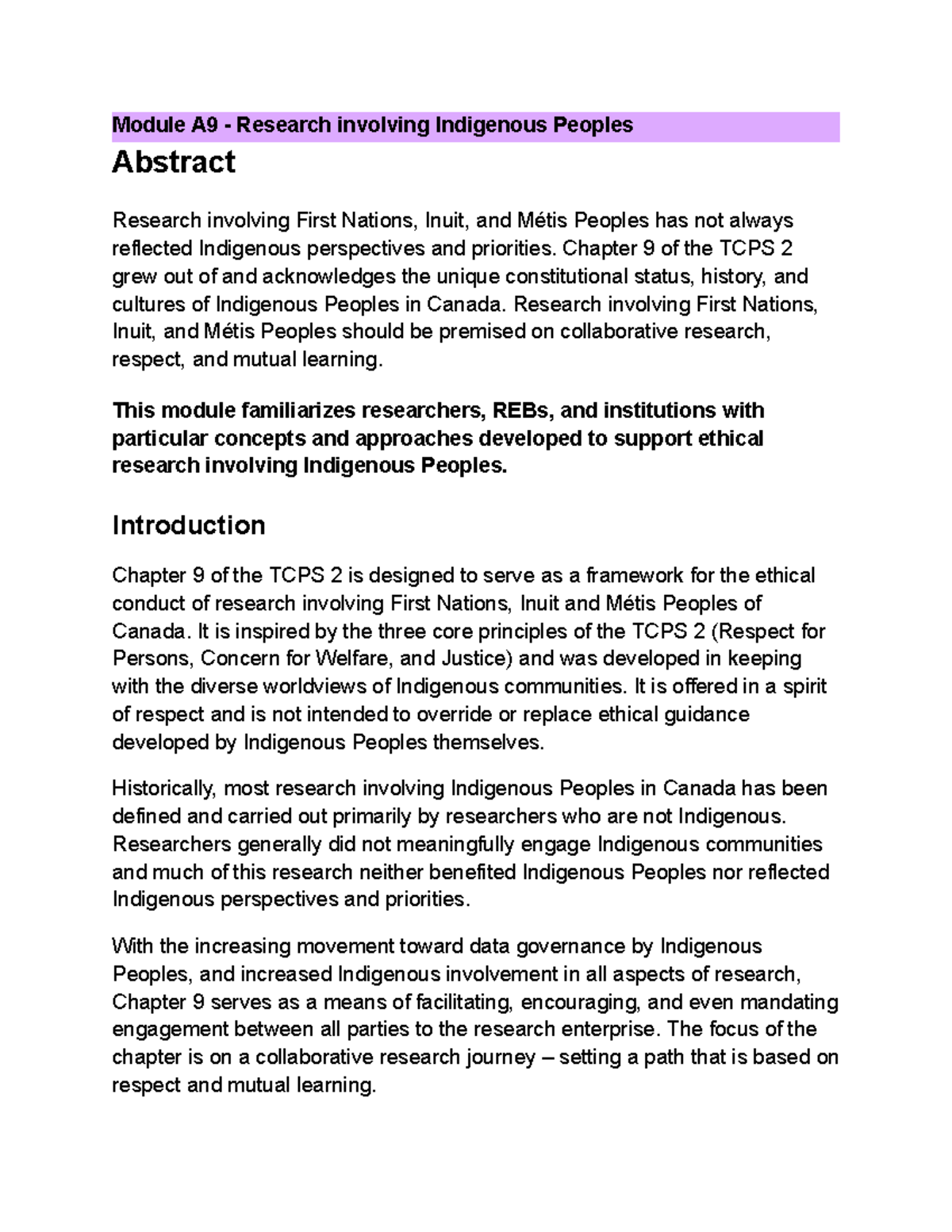 Panel on research ethics P9 - Module A9 - Research involving Indigenous ...