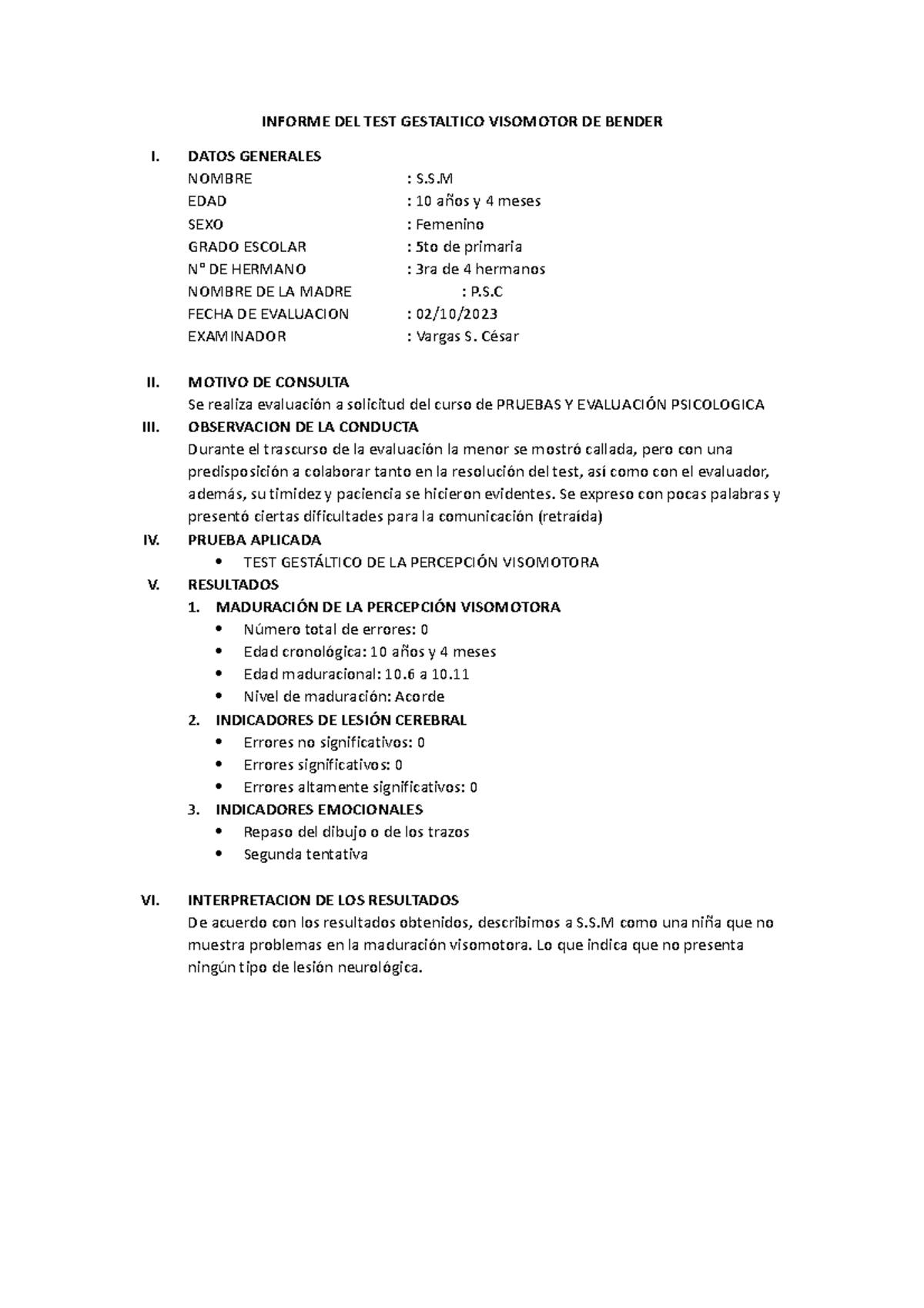 Informes del Test Gestáltico Visomotor de Bender - Evaluaciones ...
