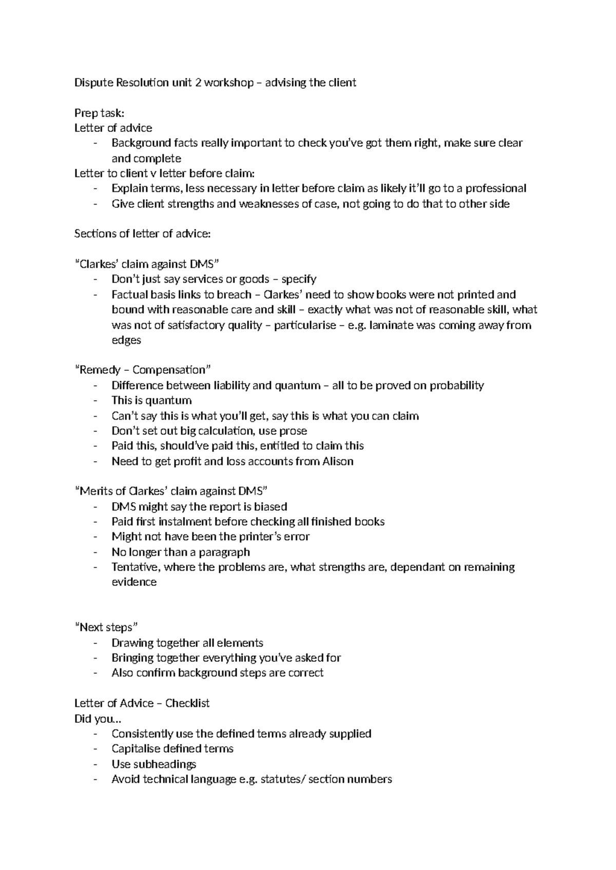 DR unit 2 WS - Dispute resolution workshop notes - Dispute Resolution ...