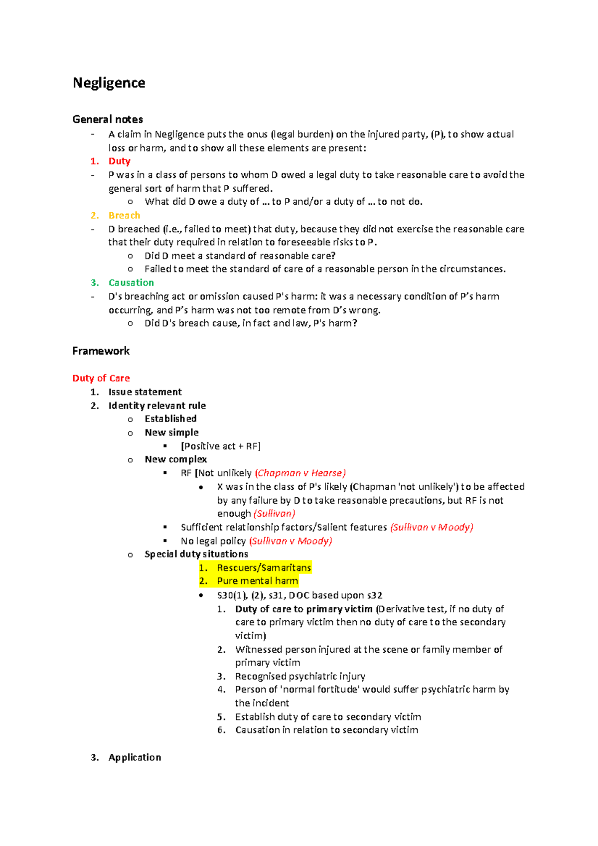 Torts Exam Notes: Understanding Negligence and Duty of Care - Studocu