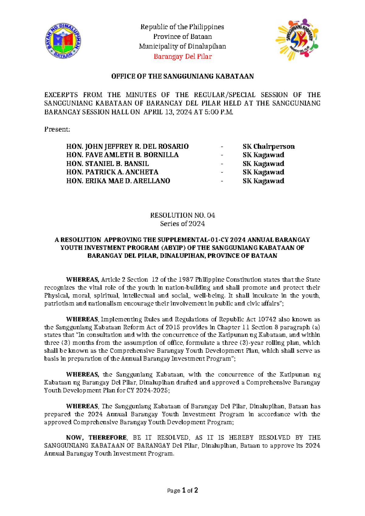 SK Resolution No. 04: Approval of 2024 Youth Investment Program - Studocu