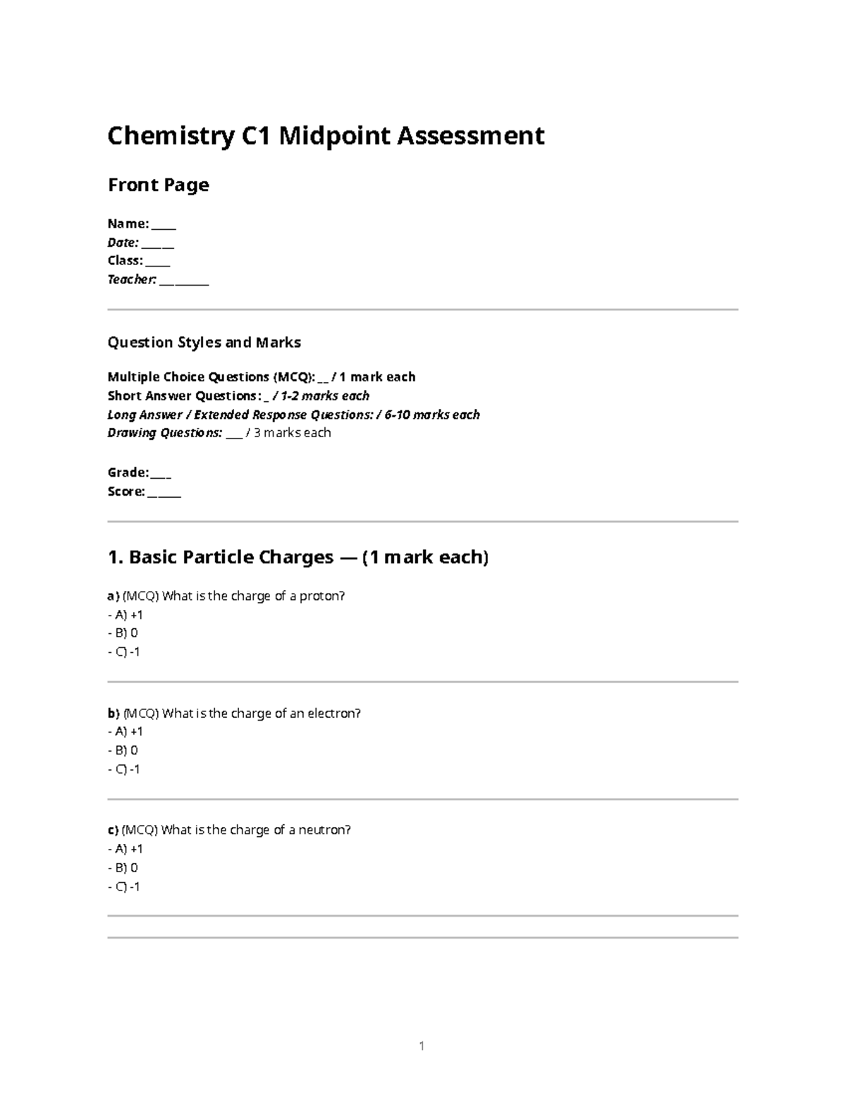 Chemistry C1 Midpoint Assessment: Question Styles & Marks - Studocu