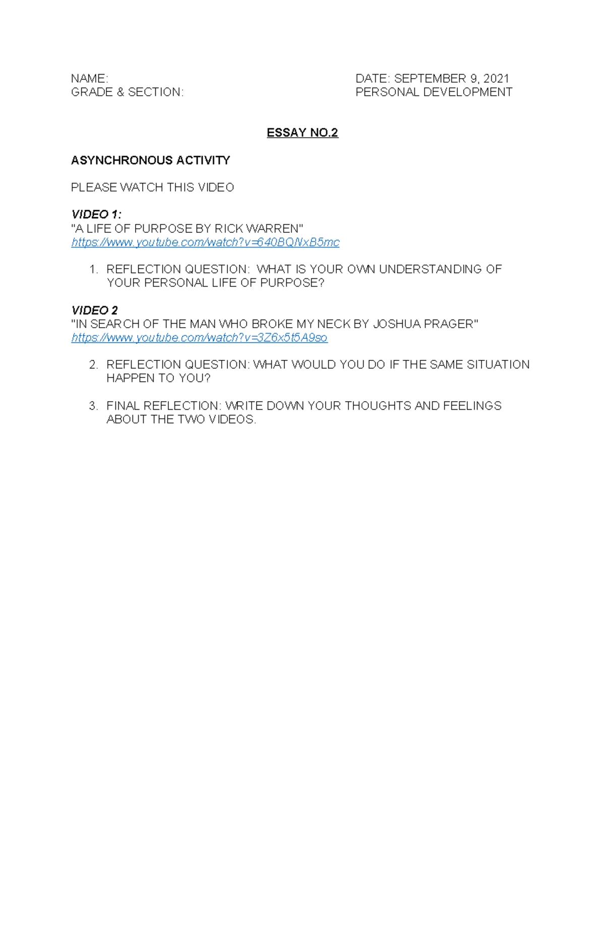 Perdev - Essay 1: Exploring Personal Development and Psychology - Studocu