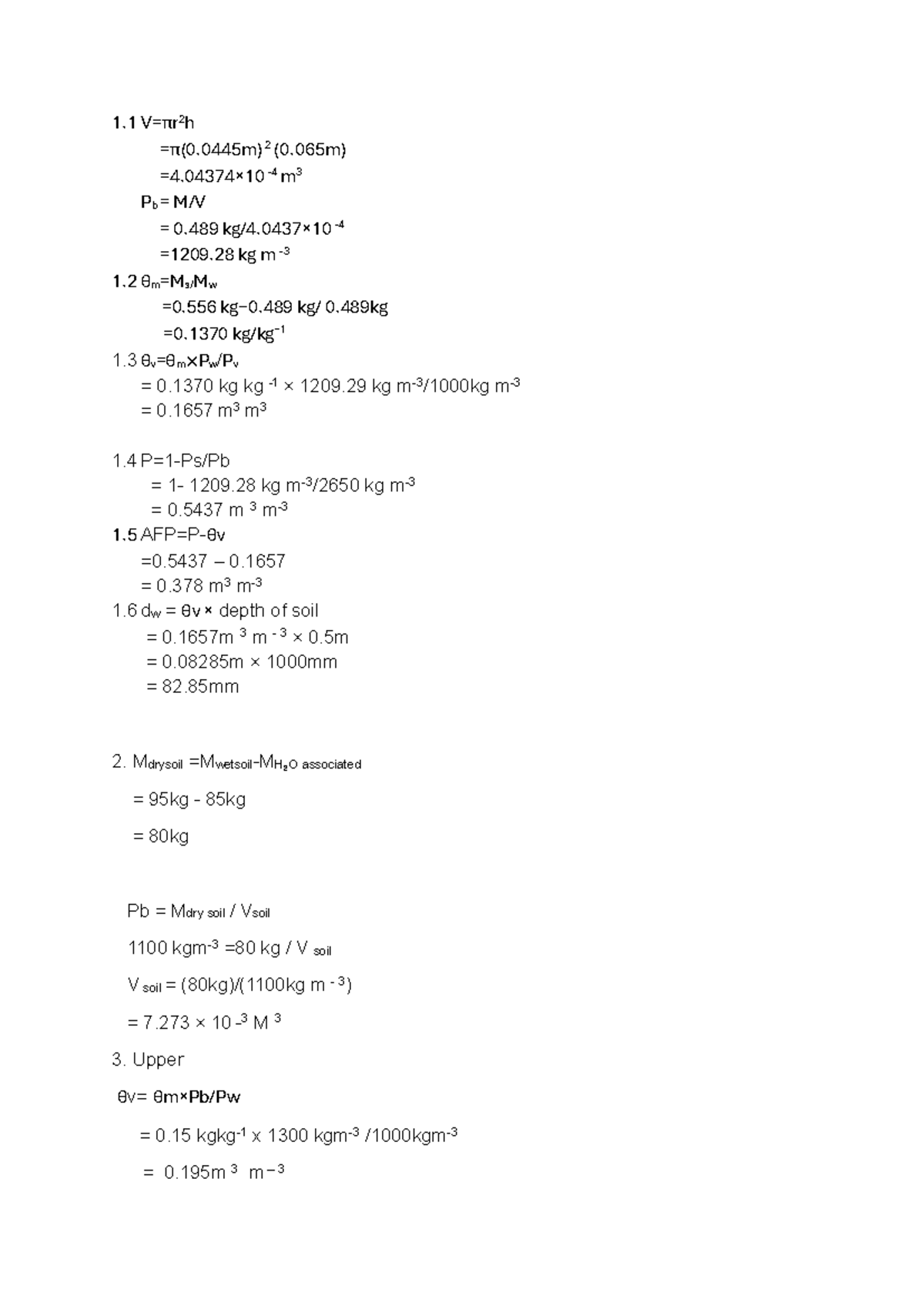 Soil infiltration analysis and water content calculations for course 1. ...