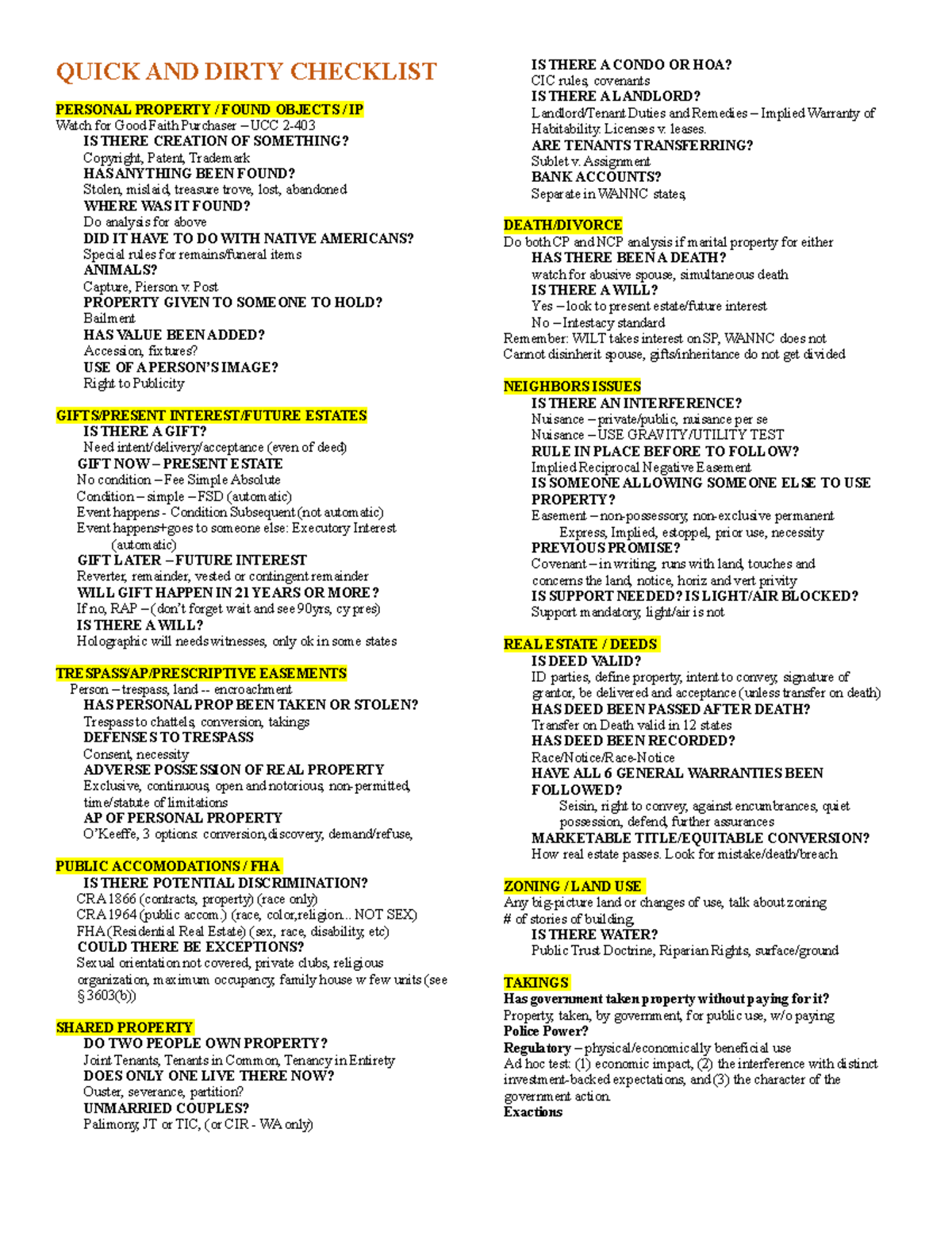 Property 1L Law School Outline - QUICK AND DIRTY CHECKLIST PERSONAL PROPERTY   FOUND OBJECTS  IP - Studocu