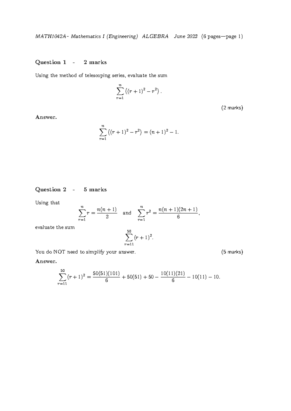 MATH1042 Algebra June 2023 Exam Short Memo - Studocu