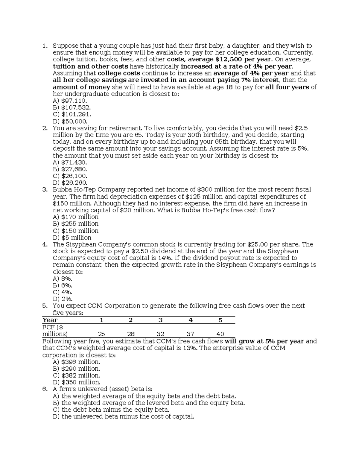 Mock Exam - Final Preparation for Finance 101 - Studocu