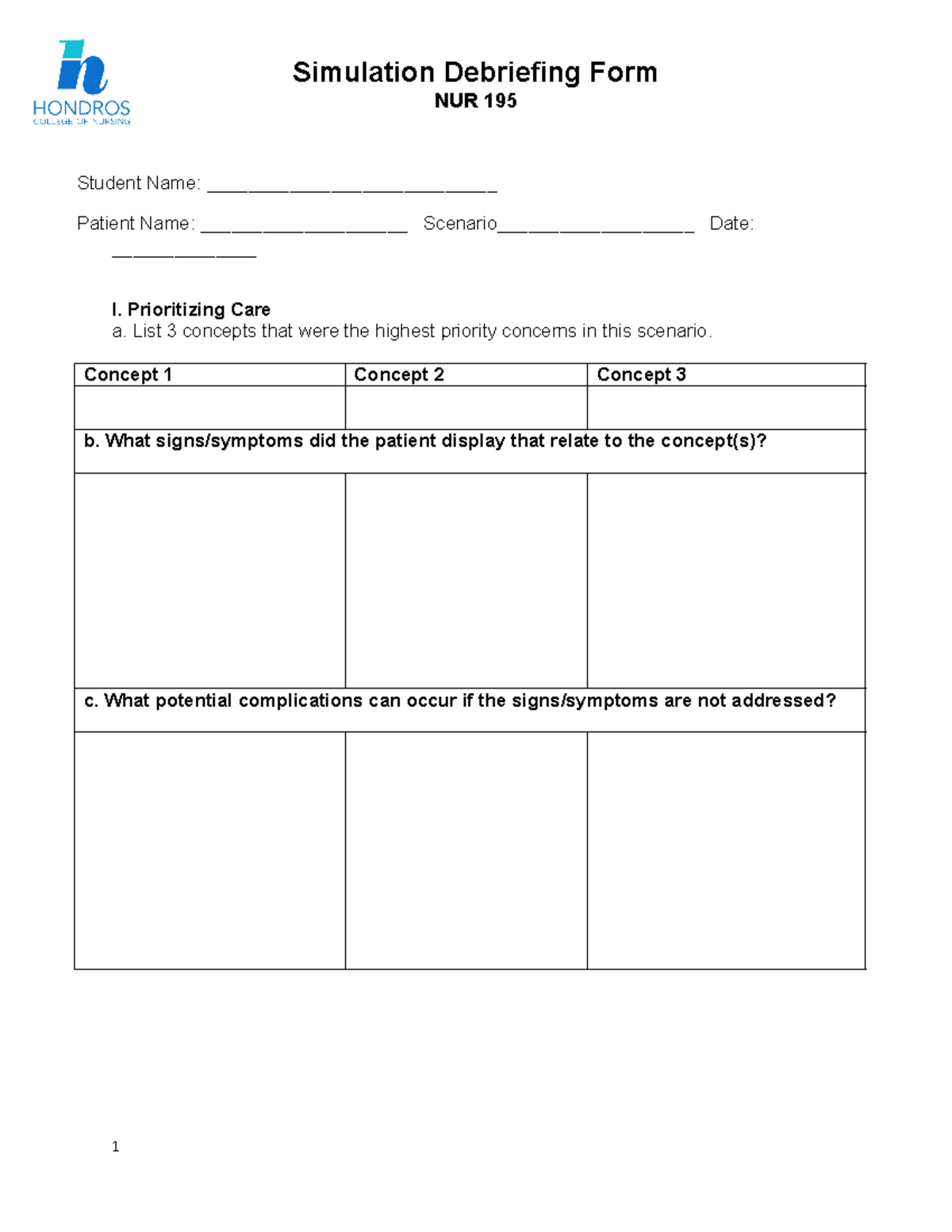 NUR 195 - Simulation Debriefing Form and Reflection Notes - Studocu