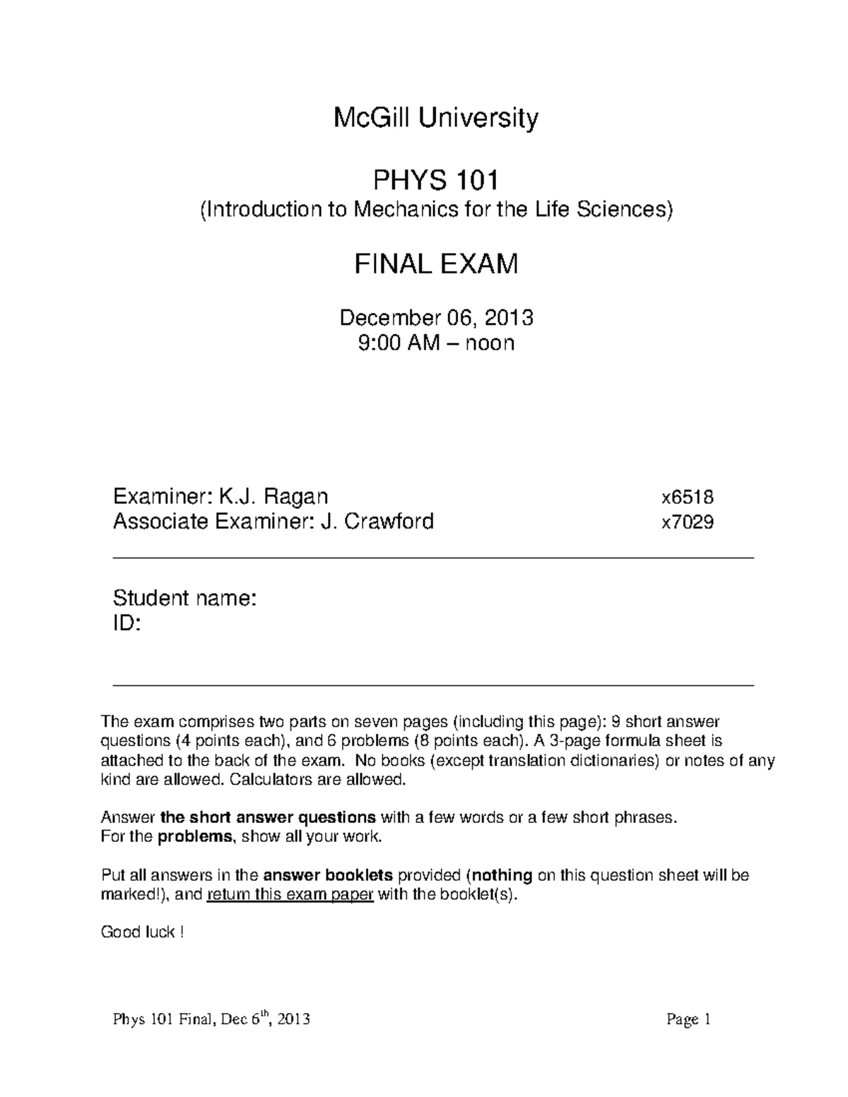 PHYS101 Final Exam Formula Sheet - Introductory Physics Summary - Studocu