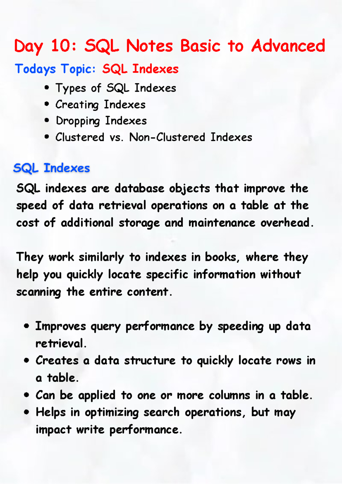 Day 10 SQL Notes Basic to Advanced (SQL Indexes) - Day 10: SQL Notes ...