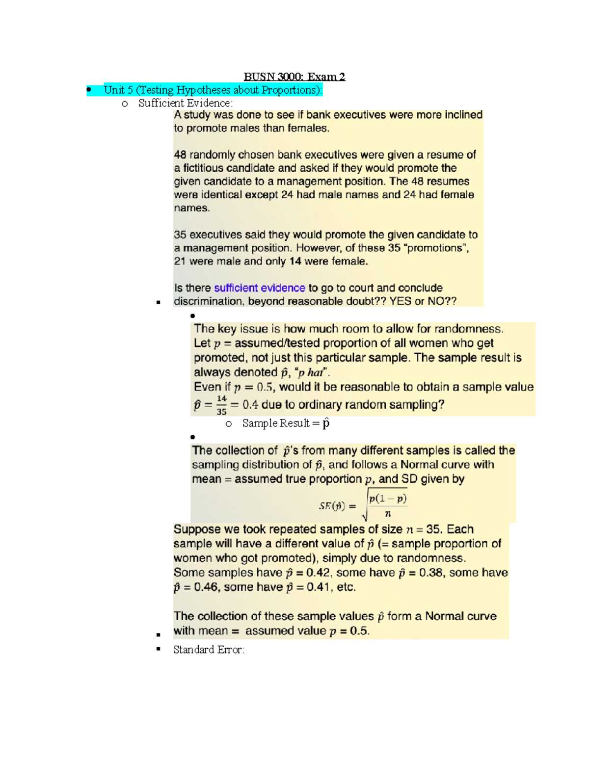 BUSN 3000 Exam 2 Study Notes - Hypotheses & Confidence Intervals - Studocu