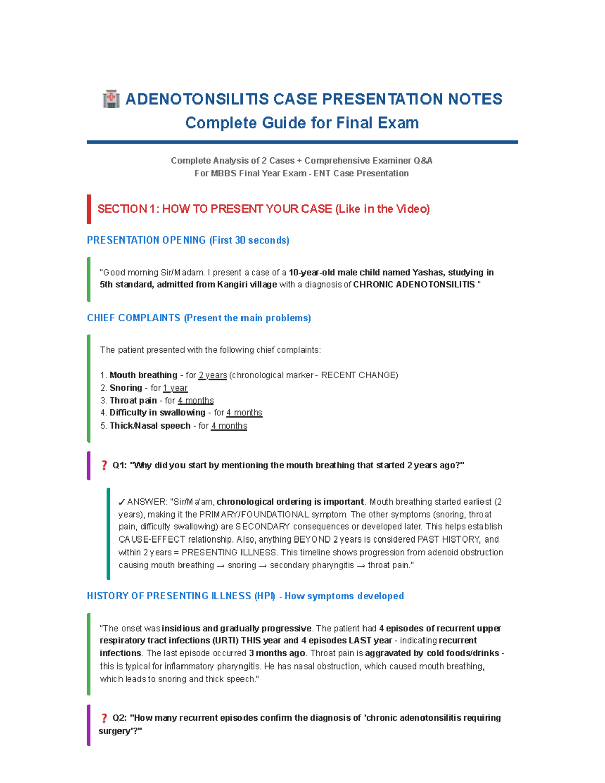 Adenotonsilitis Case Presentation Notes for MBBS Final Exam - Studocu