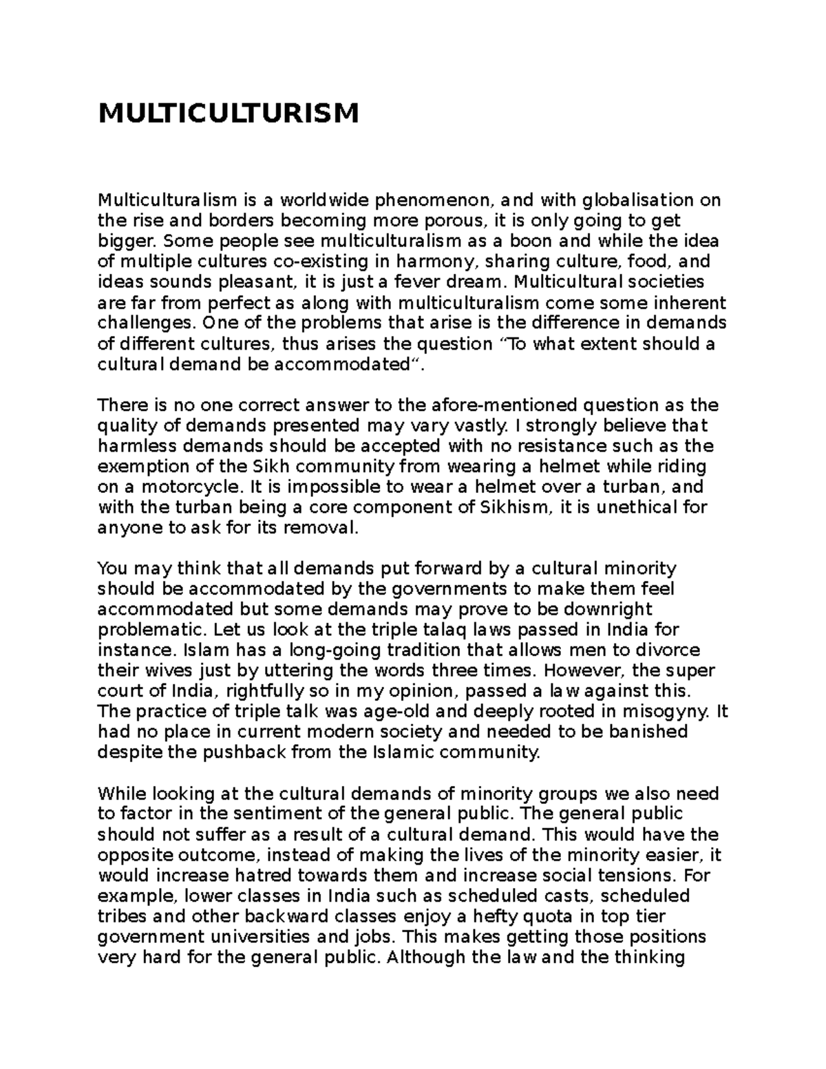 Multiculturism - Final Essay - MULTICULTURISM Multiculturalism is a ...
