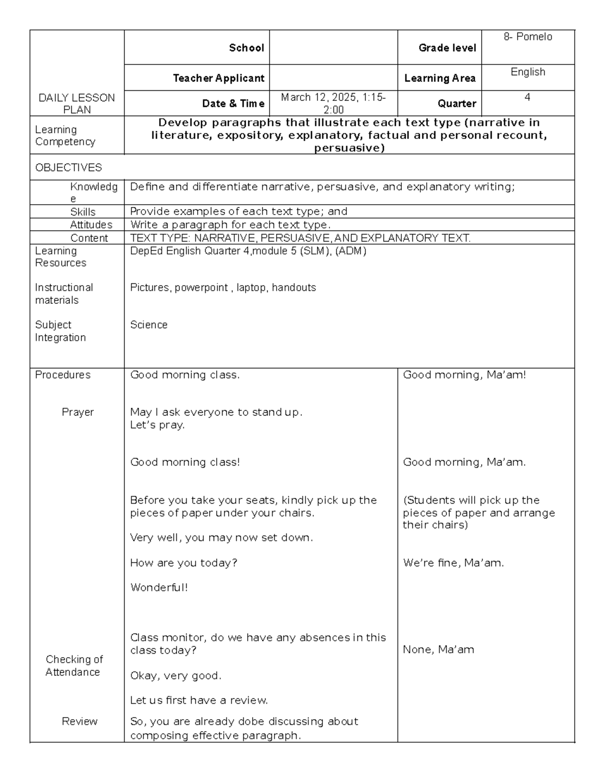 Final Demo Lesson Plan: Developing Text Types in English 7 - Studocu