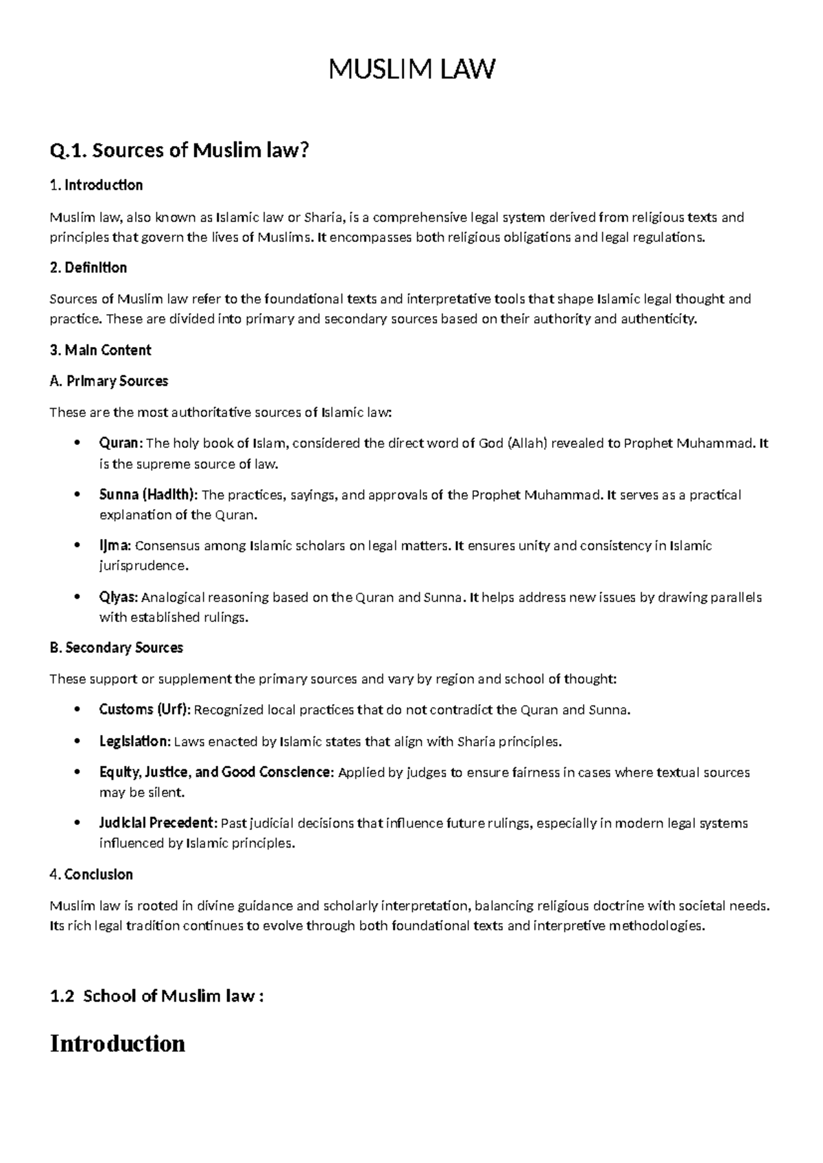 MUSLIM LAW Q.1: Sources, Schools, and Marriage Concepts - Studocu