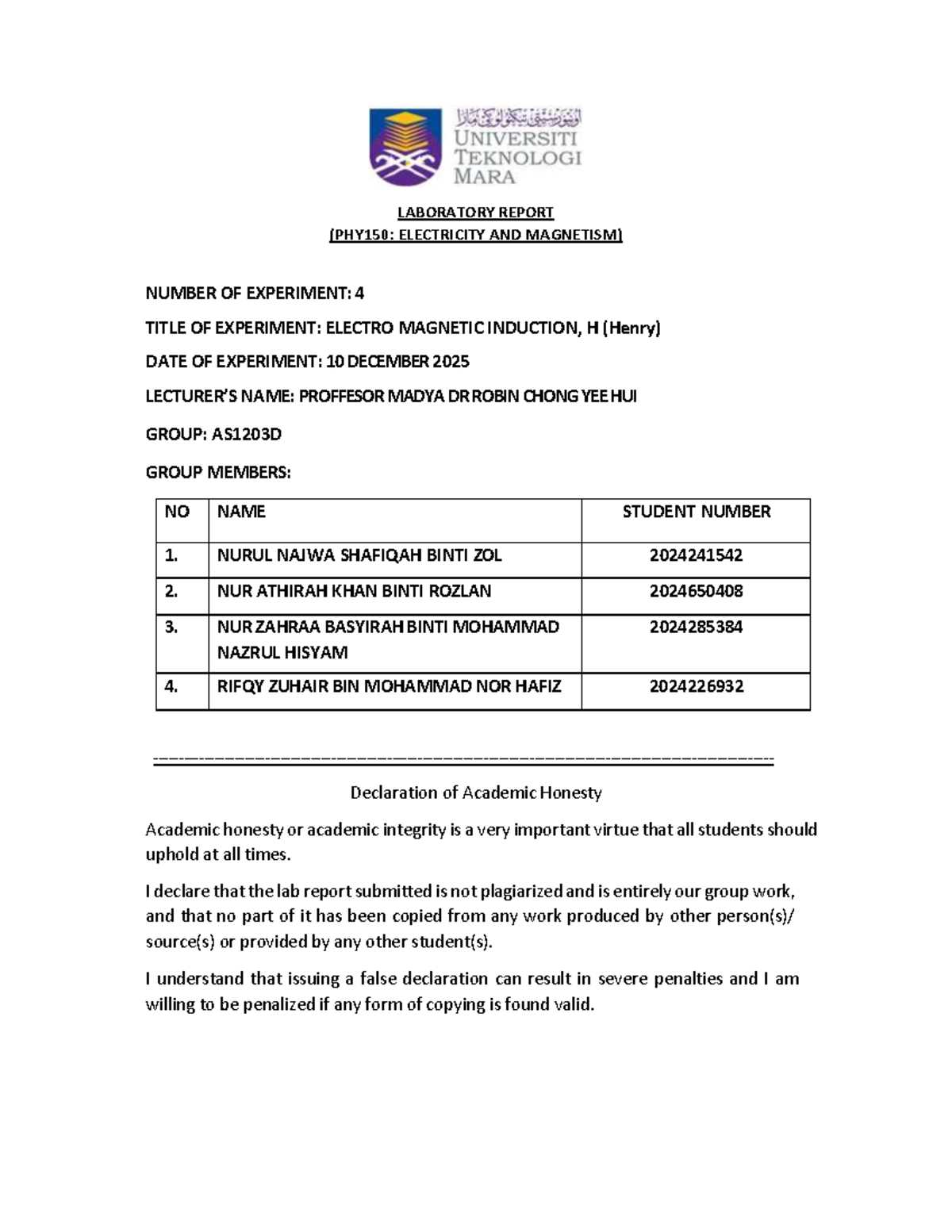 PHY150 LAB 4 - Electromagnetic Induction Experiment Report - Studocu