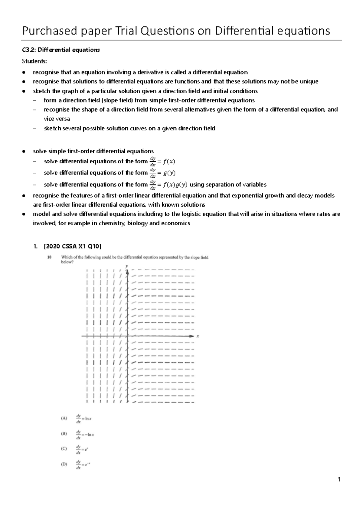 Purchased Paper Trial Questions on Differential Equations C3.2 - Studocu