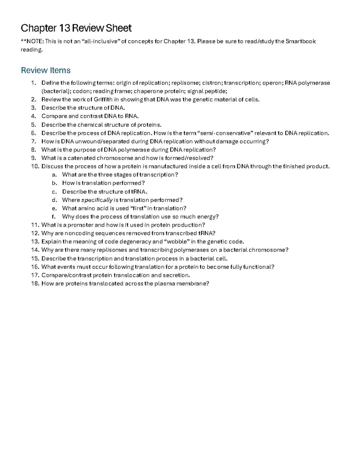 Chapter 13 Review Sheet: DNA and Protein Synthesis - Studocu