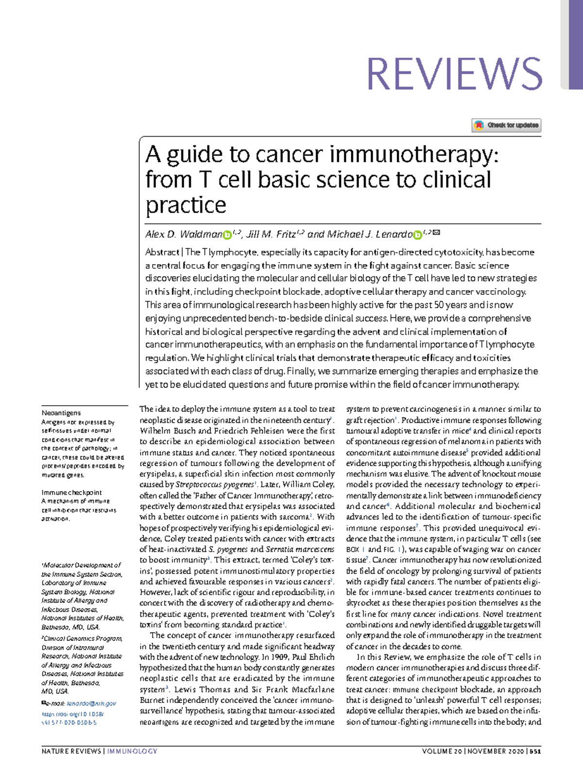 Review of Cancer Immunotherapy: T Cell Strategies - Studocu