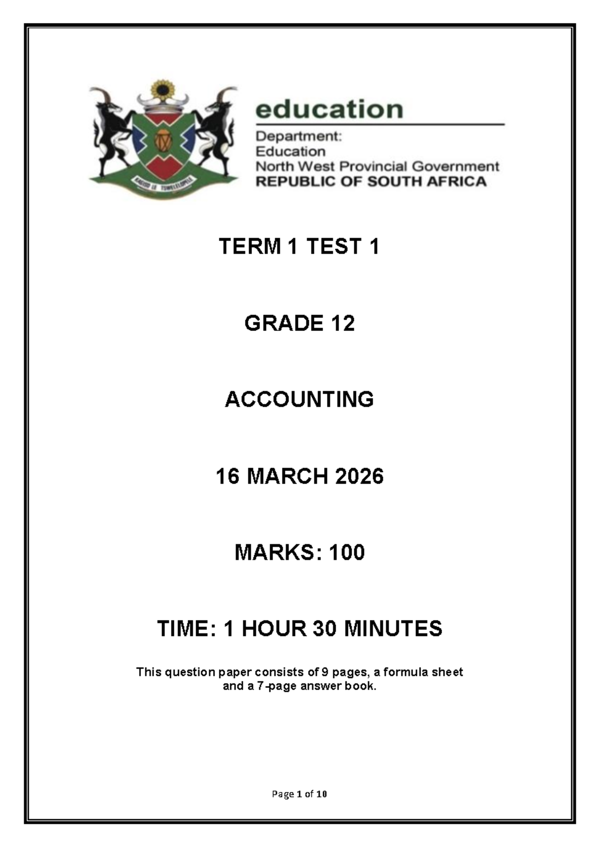 Gr 12 Accounting Term 1 Test 1 - March 2026 Question Paper - Studocu