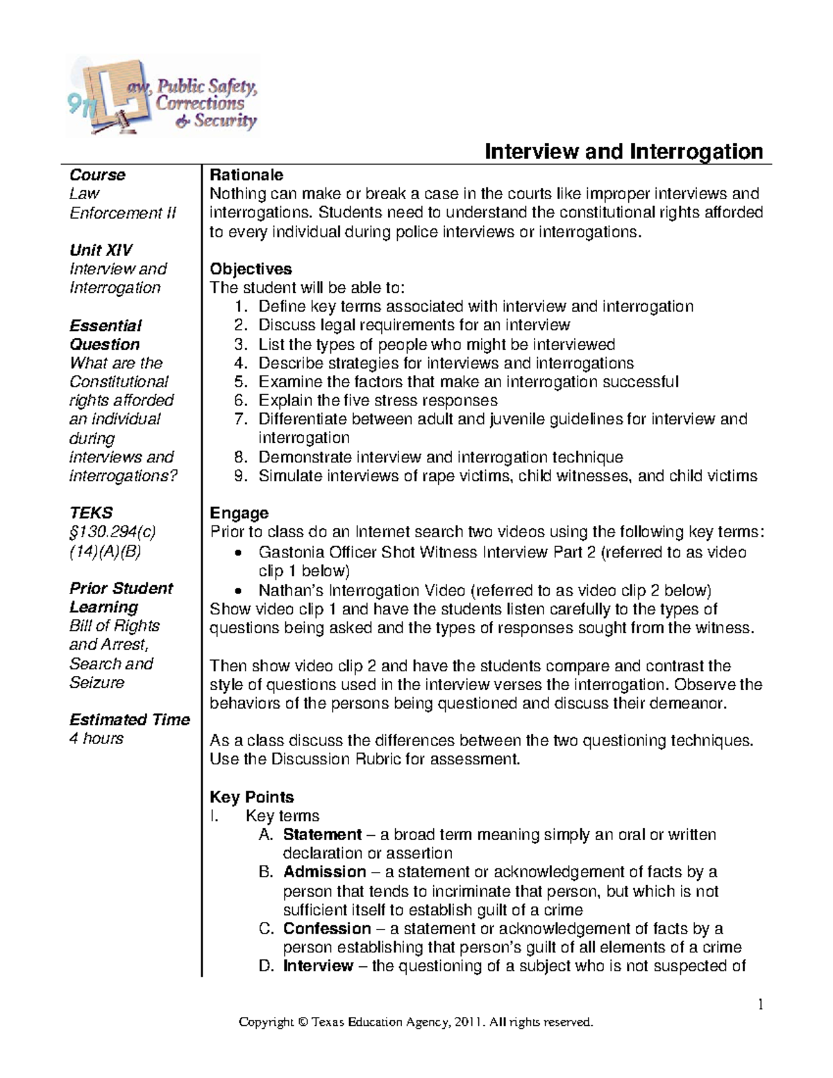 Law Enforcement II: Interview & Interrogation Outline and Key Points ...