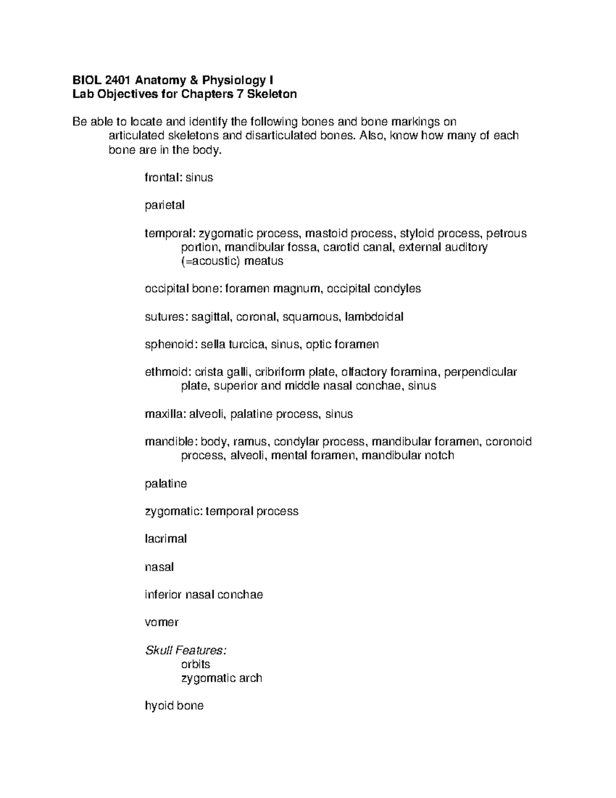 BIOL 2401 Anatomy & Physiology I Lab Notes: Chapter 7 - Skeleton ...