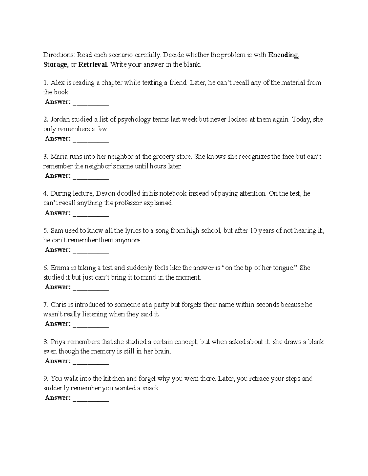 PSYC101 Memory Activity: Encoding, Storage, and Retrieval Scenarios ...