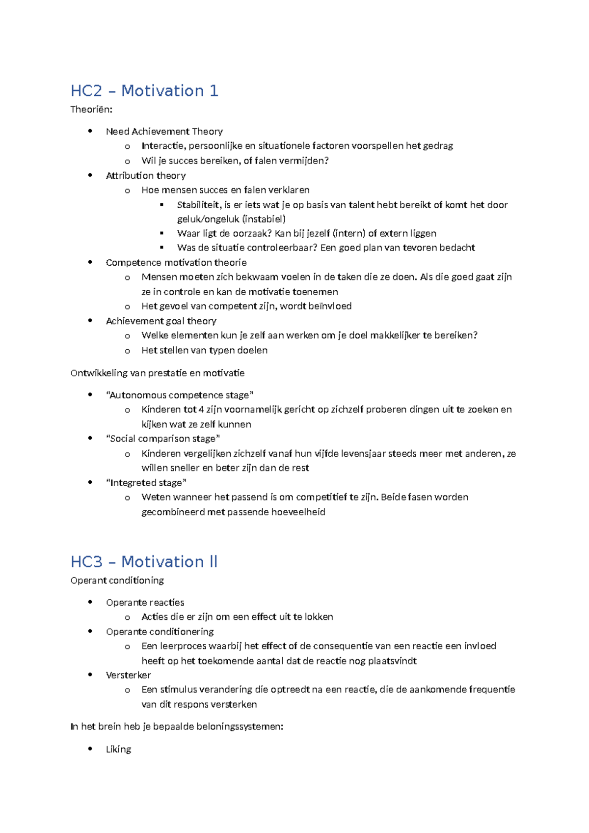 Psych. van Beweging en Inspanning - Hoorcollege Aantekeningen HC2-HC3 ...