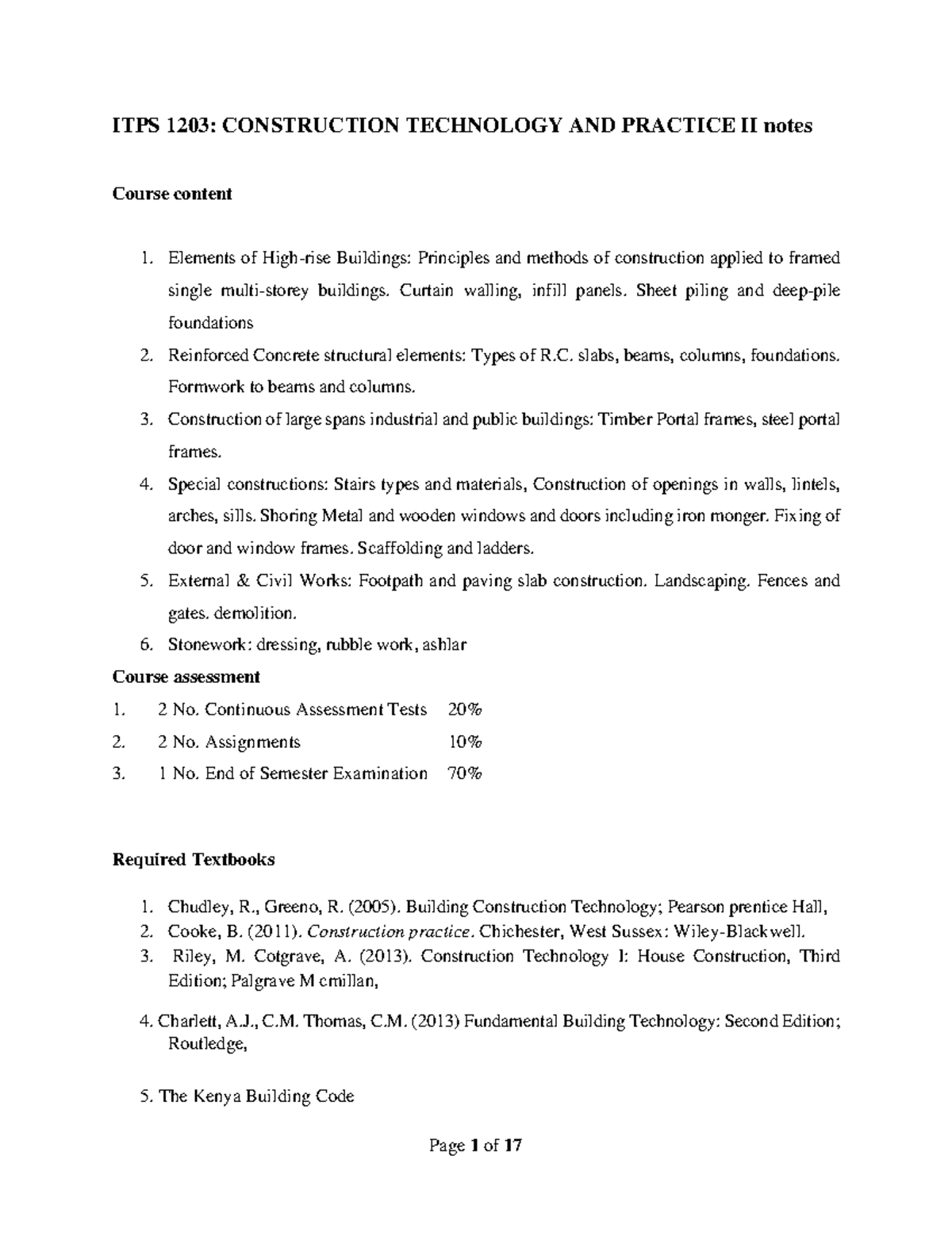 ITPS 1203: Construction Technology and Practice II - Topic 1 Notes ...