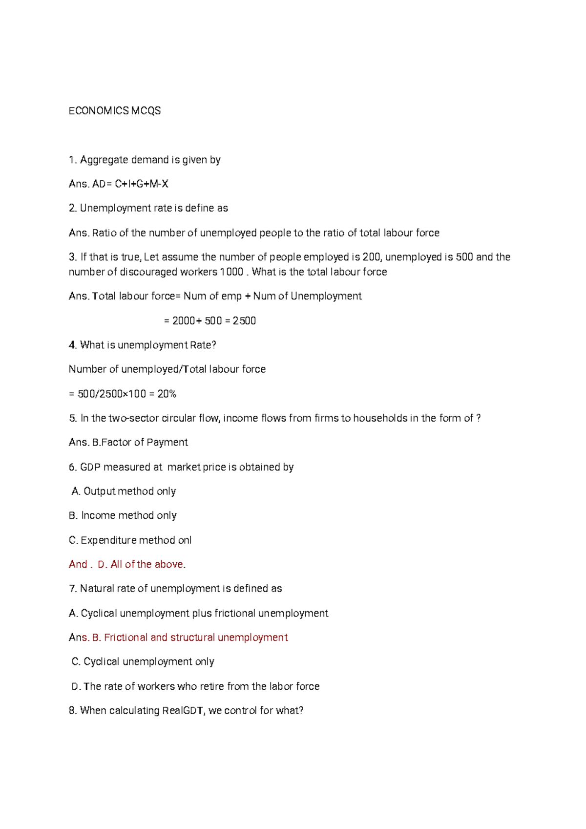 ECON 101: Practice MCQs on Aggregate Demand and Unemployment - Studocu