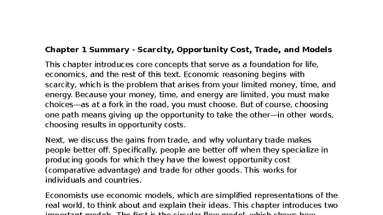 Chapter 1 Summary: Scarcity, Opportunity Cost, and Trade Concepts - Studocu
