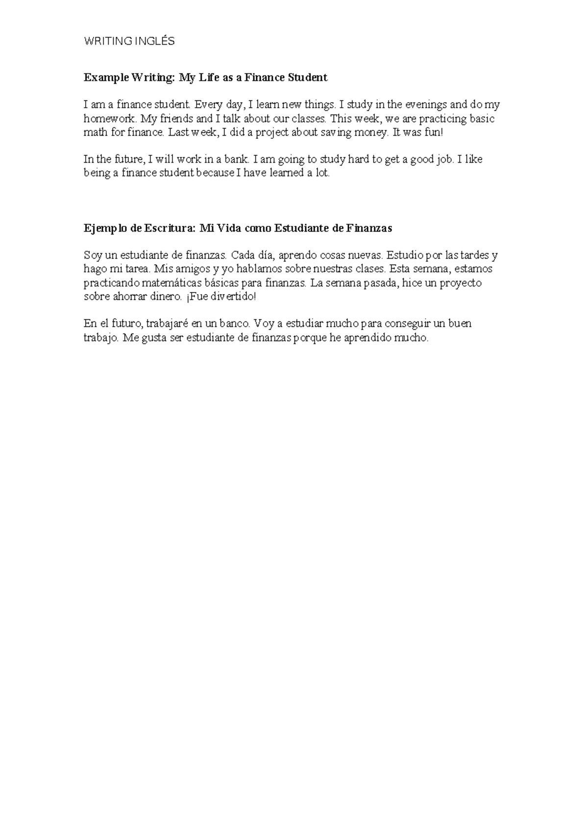 Example Writing - WRITING INGLÉS Example Writing: My Life as a Finance ...