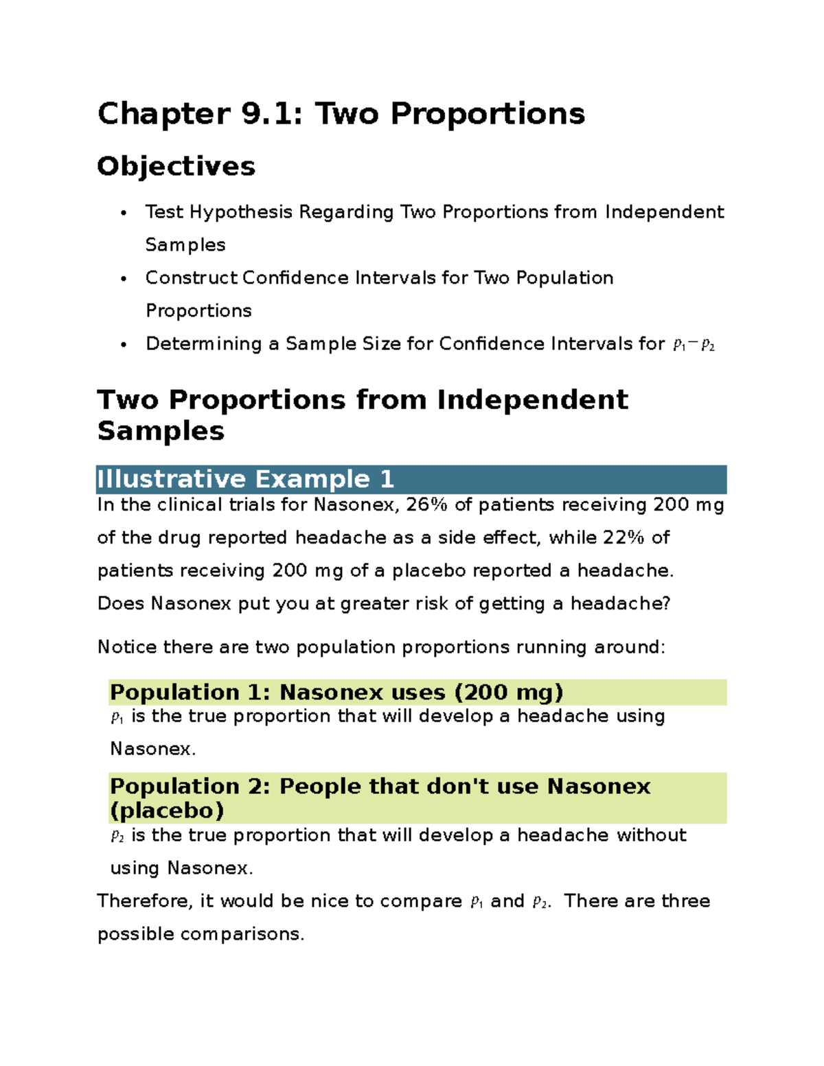 Comparing Two Proportions: Hypothesis Testing & CI (Chapter 9) - Studocu