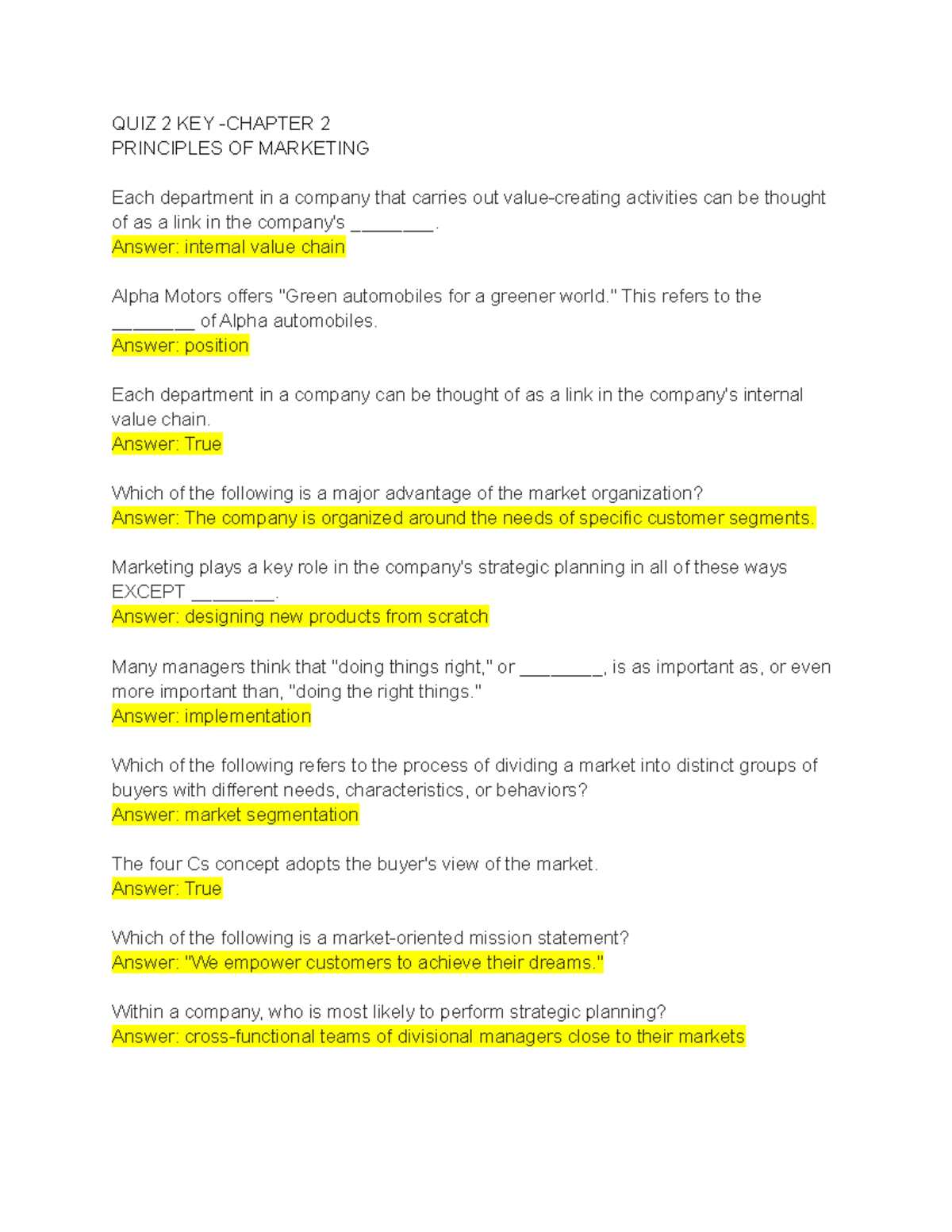 QUIZ 2 Key - Principles of Marketing Chapter 2 Analysis - Studocu