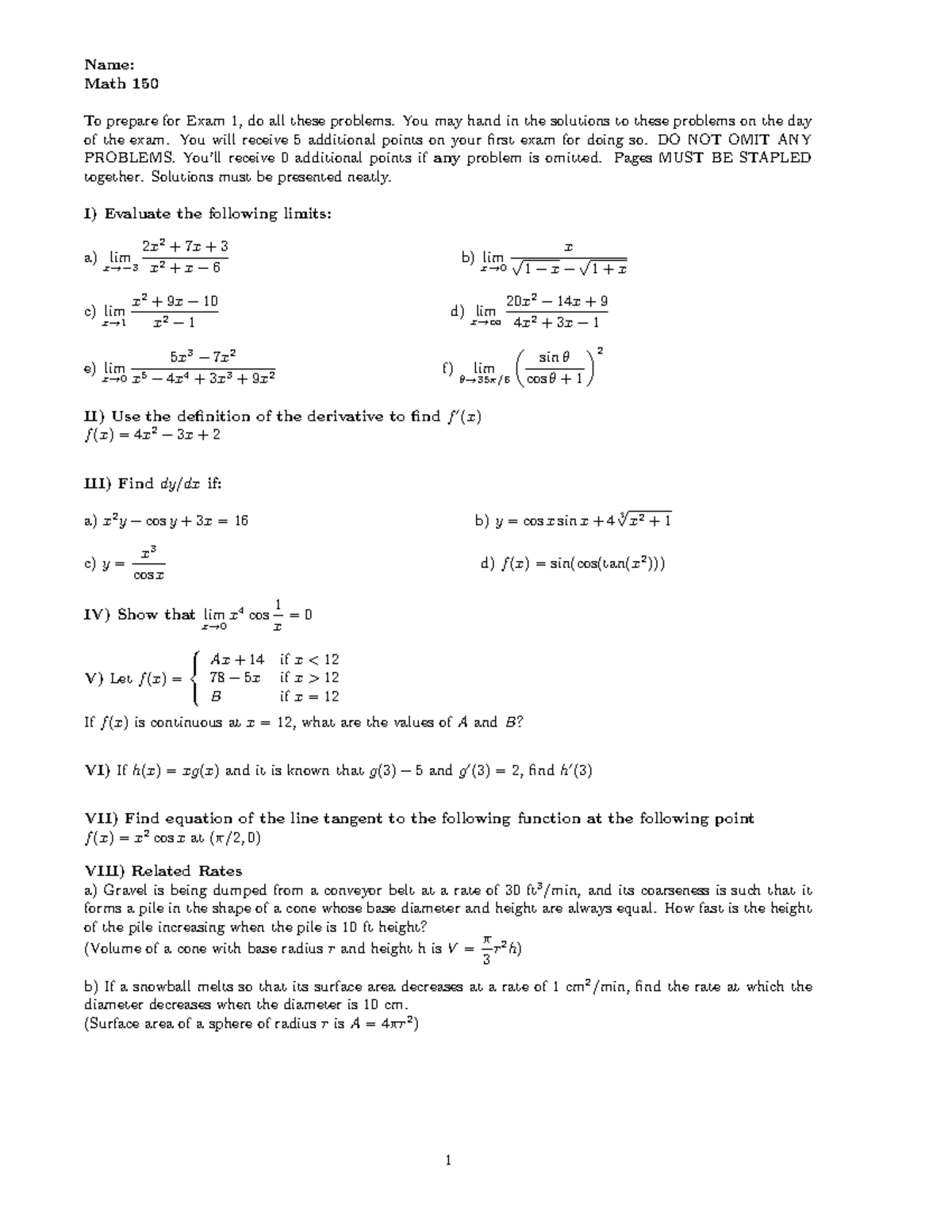 Math 150: Calculus I Exam 1 Preparation Problems and Solutions - Studocu
