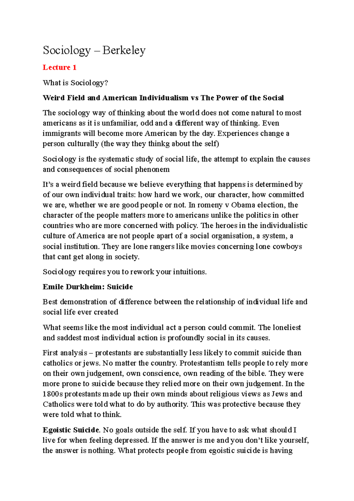 Sociology 101: Lecture Notes on Individualism and Social Forces - Studocu