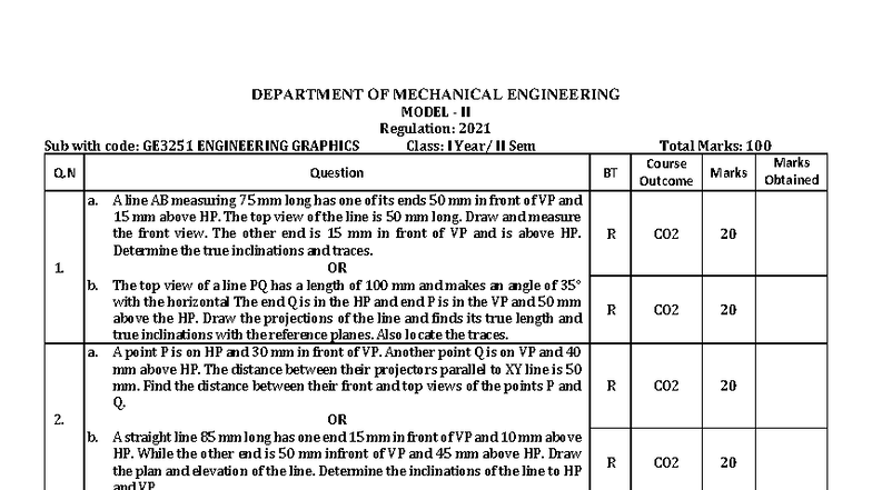 GE3251 Engineering Graphics Model II Exam Questions - Studocu