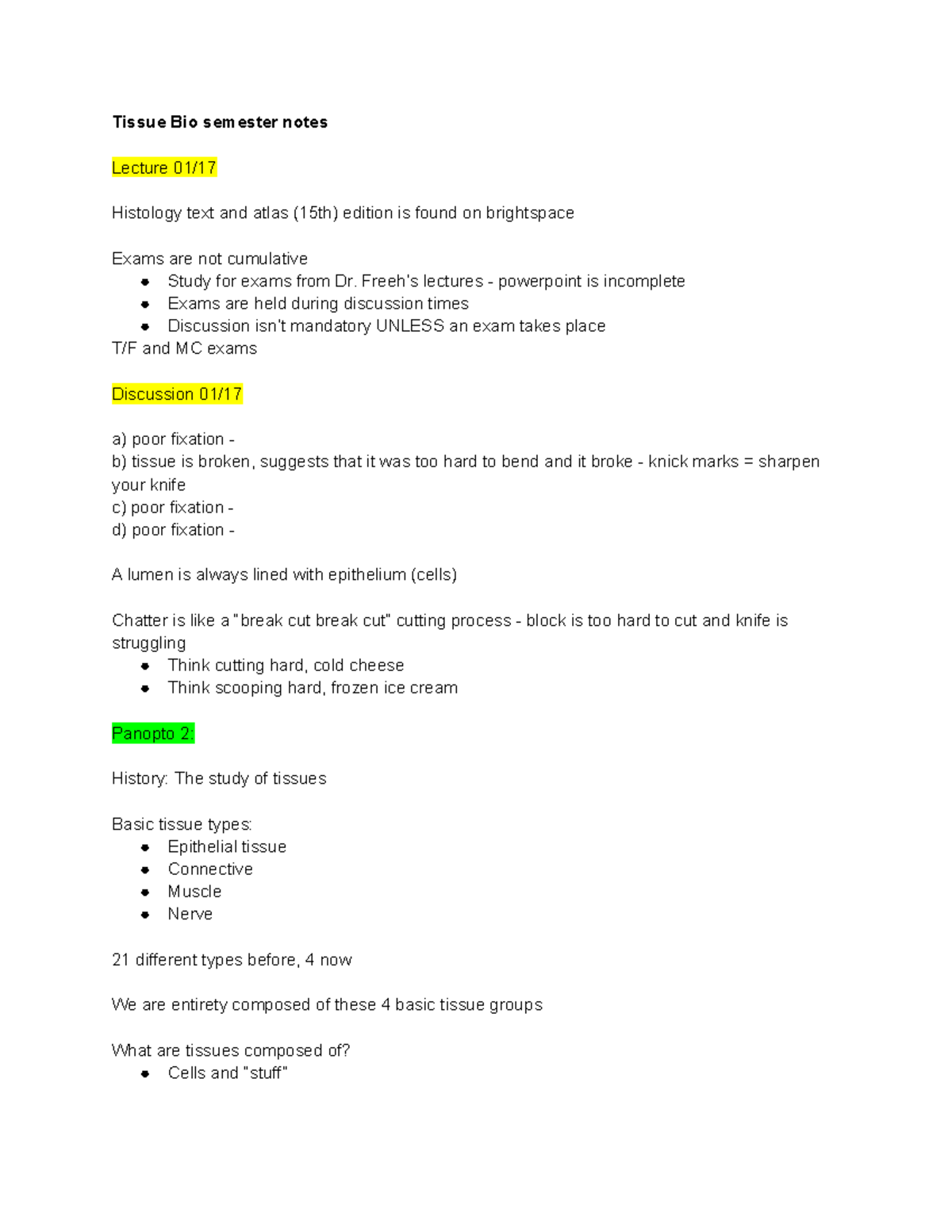 Tissue Bio (BIO 101) Semester Lecture Notes on Histology Concepts - Studocu