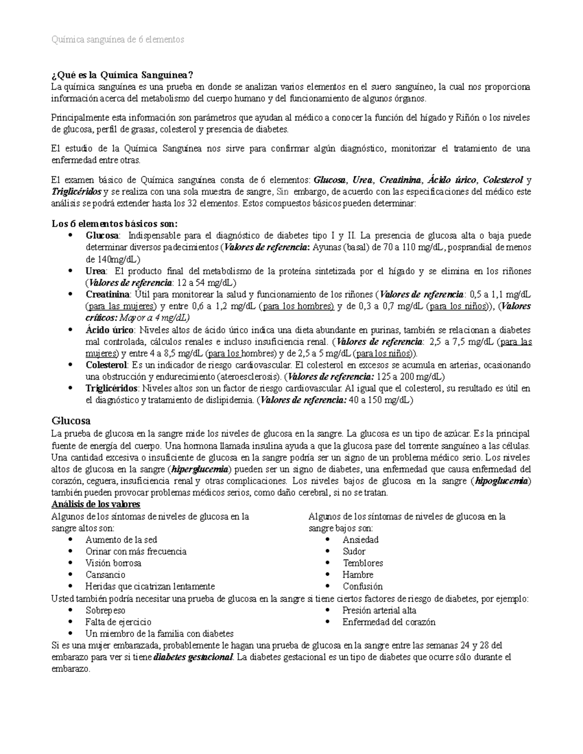Análisis de la Química Sanguínea: 6 Elementos Clave y Referencias - Document Preview